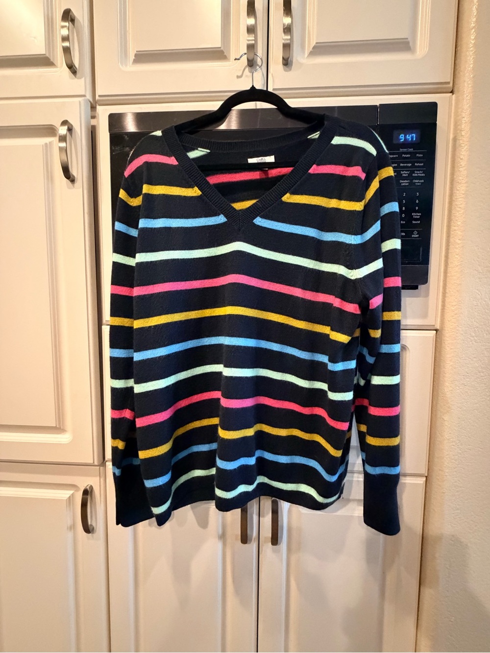 croft & barrow Navy V-Neck Sweater with Pink, Yellow, Blue, and Mint Stripes